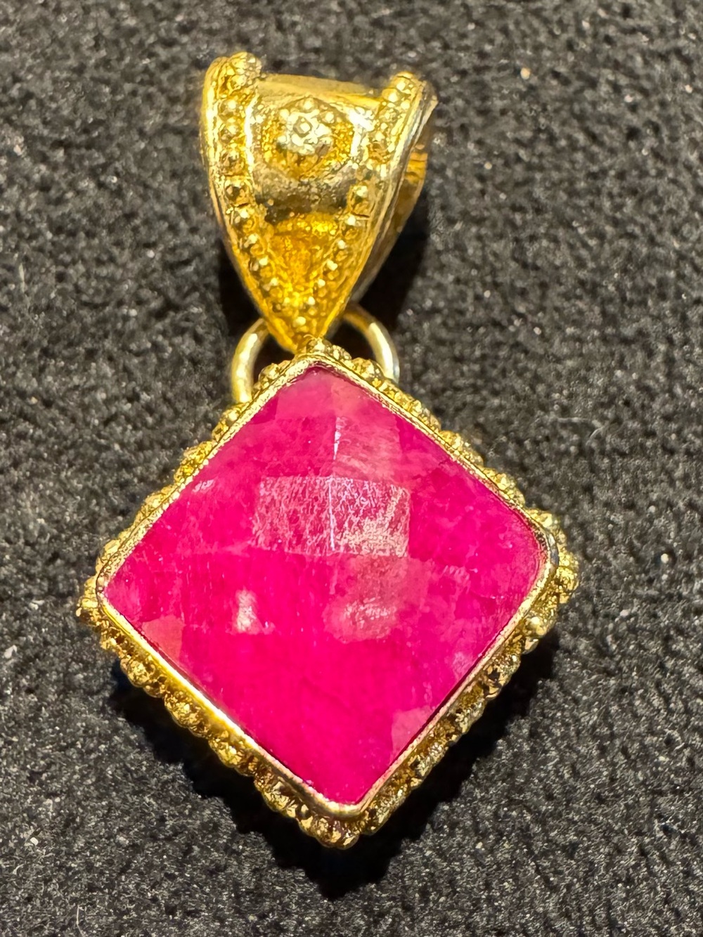 Gold Tone Fuchsia Pink Faceted Stone Pendant Ornate Vintage Style